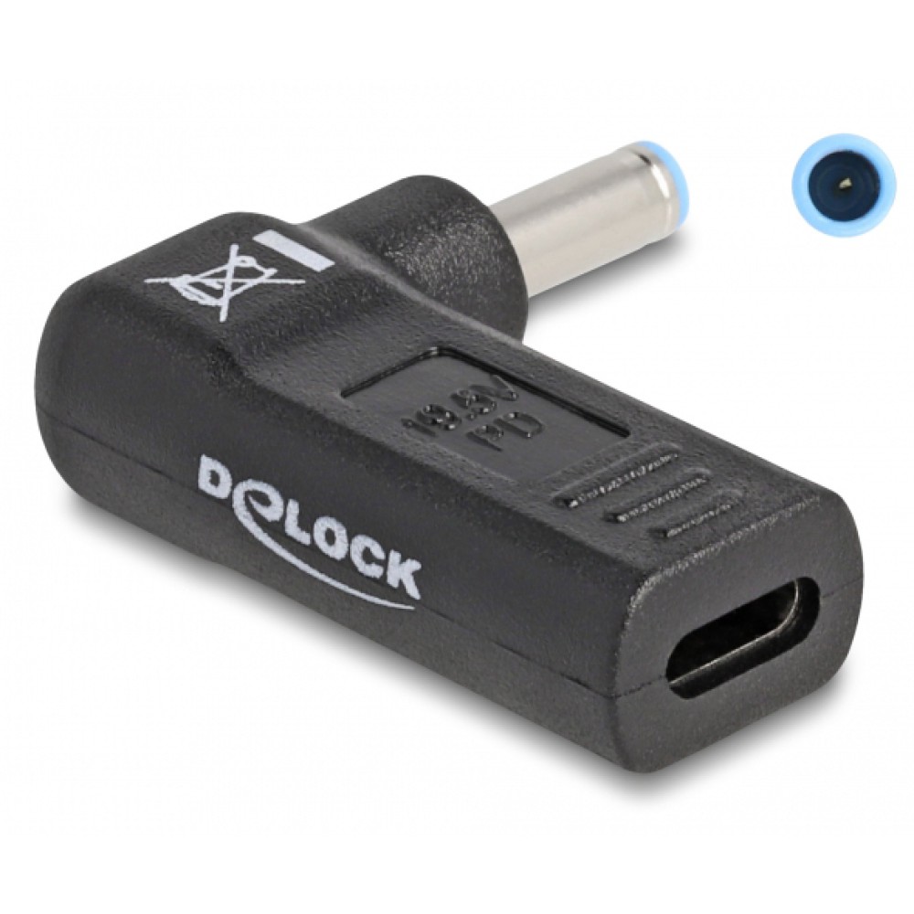 DELOCK αντάπτορας τροφοδοσίας 60004, USB-C σε HP 4.5x3mm, 90°, μαύρος