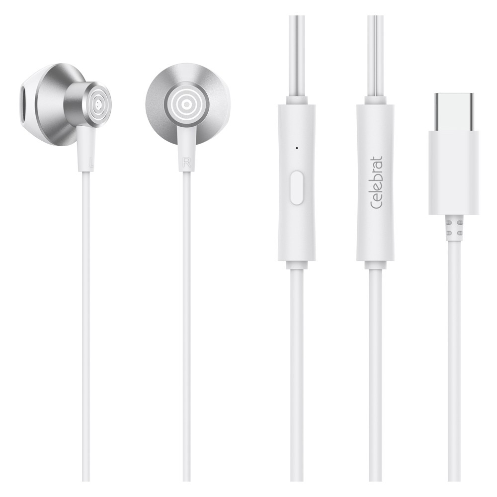 CELEBRAT earphones με μικρόφωνο D14, USB-C σύνδεση, Φ14mm, 1.2m, λευκά