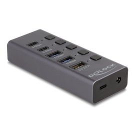 DELOCK USB hub 64248 με διακόπτες, 5x θυρών, 5Gbps, USB/USB-C σύνδεση, γκρι