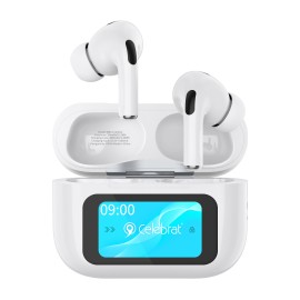 CELEBRAT earphones με θήκη φόρτισης W63, οθόνη αφής, TWS, ANC, 13mm, 30/360mAh, λευκό