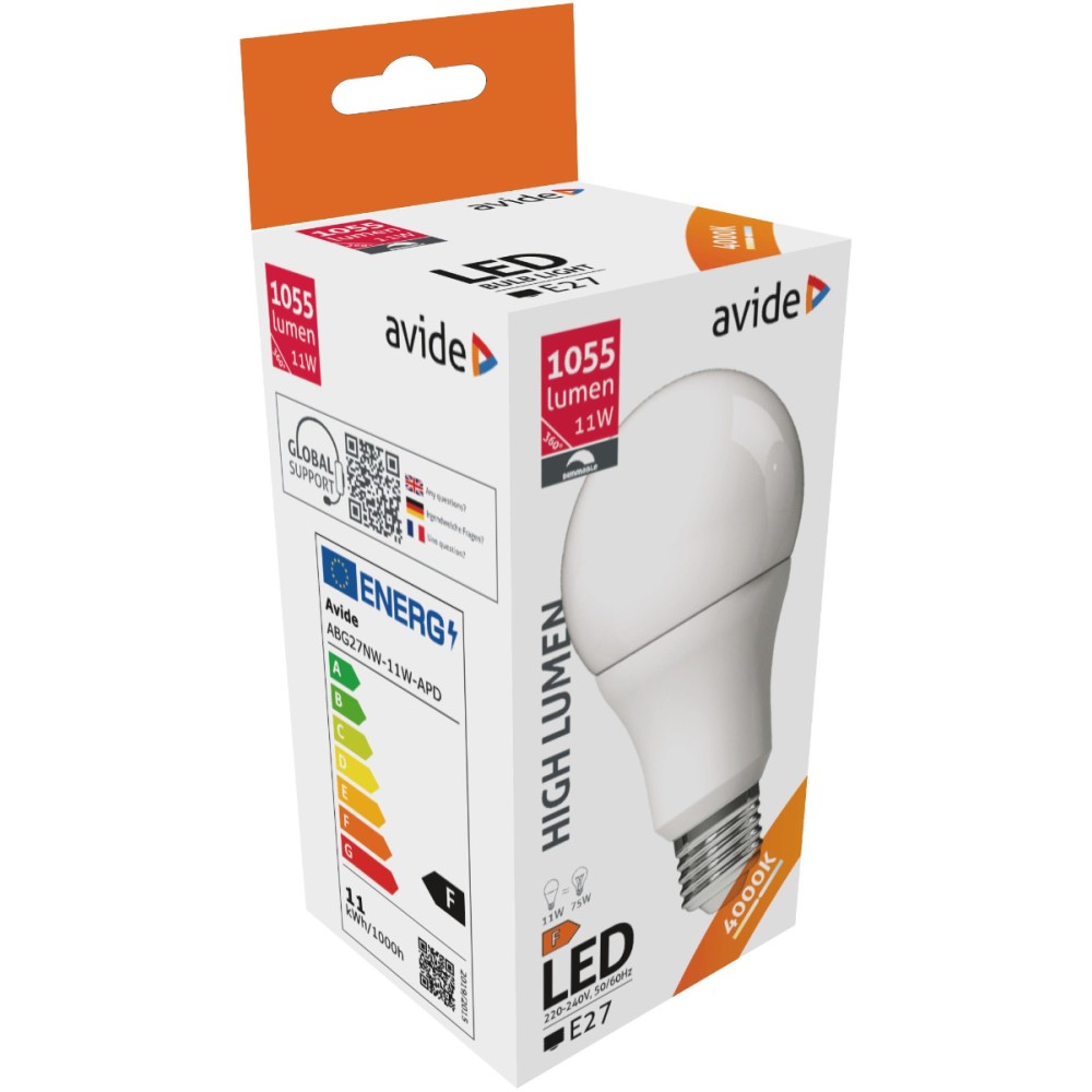 Avide LED Κοινή A60 11W E27 240° Λευκό 4000K Ντιμαριζόμενο