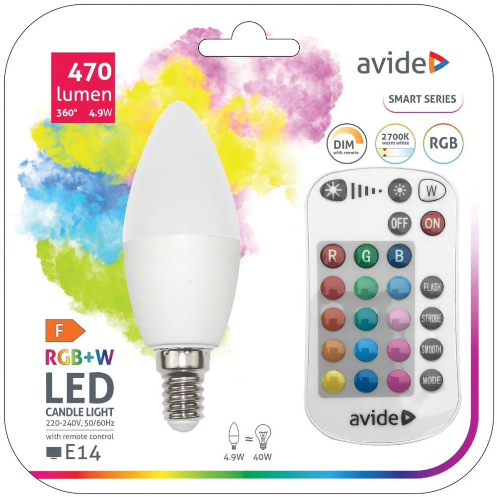 Avide Smart LED Candle 4.9W RGB+W 2700K with IR remote